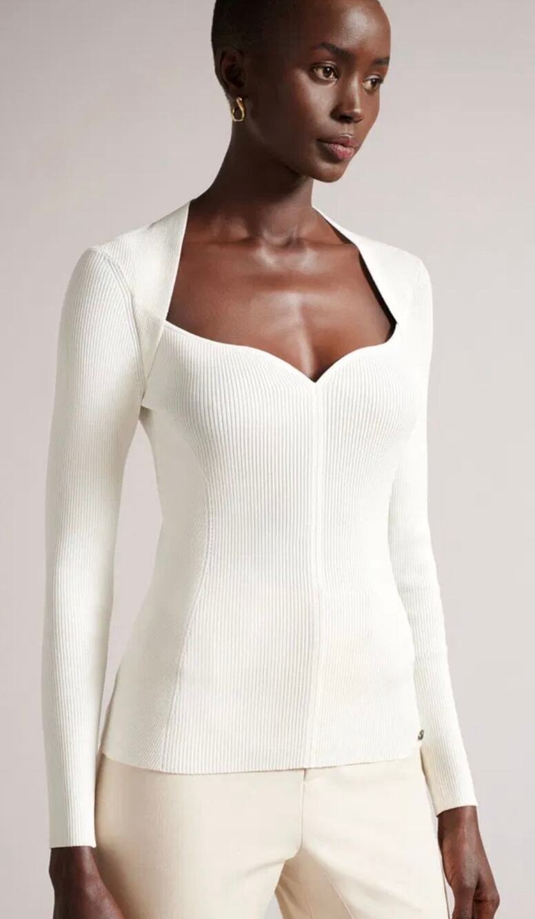 Ted Baker Sweater White Sweetheart Neckline Knitted Top size 3 Medium